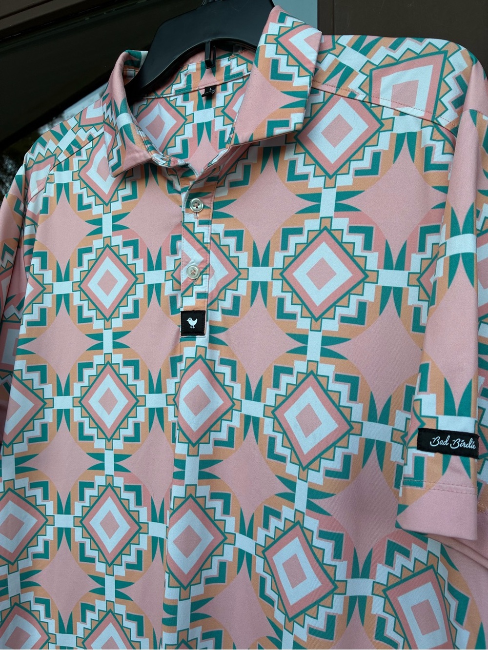 Bad Birdie Peach/White/Green Geo Aztec Print Golf Polo L
